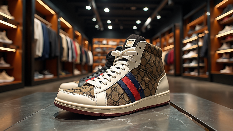 High angle view of a limited-edition sneaker display in a modern store