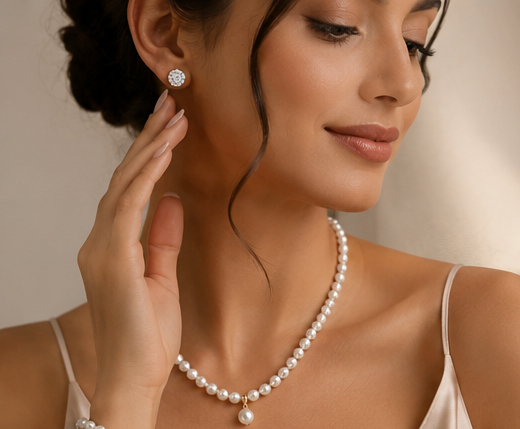 Woman wearing a pearl necklace and diamond stud earrings