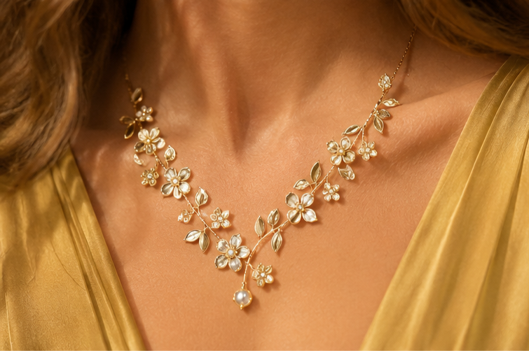 Gold floral and leaf necklace on a woman.