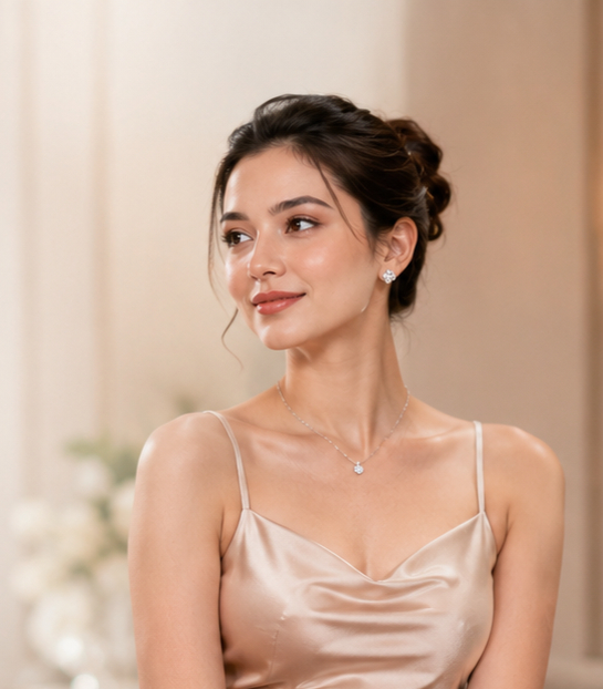 Young woman in a satin dress with pearl jewelry