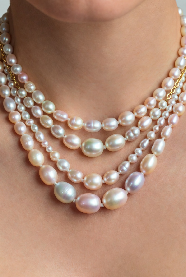 Layered strands of multi-colored pearl necklaces on a neck