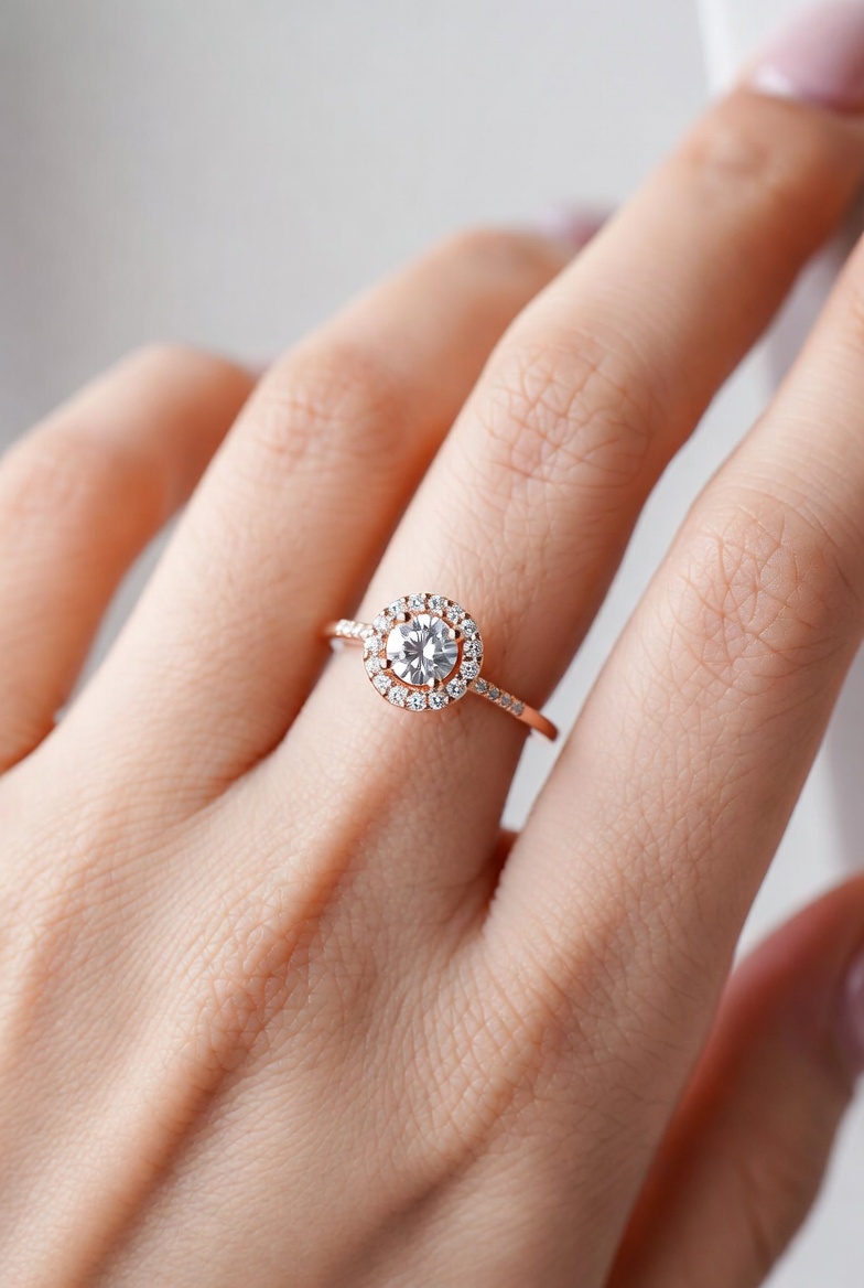 Rose gold round halo engagement ring on a finger
