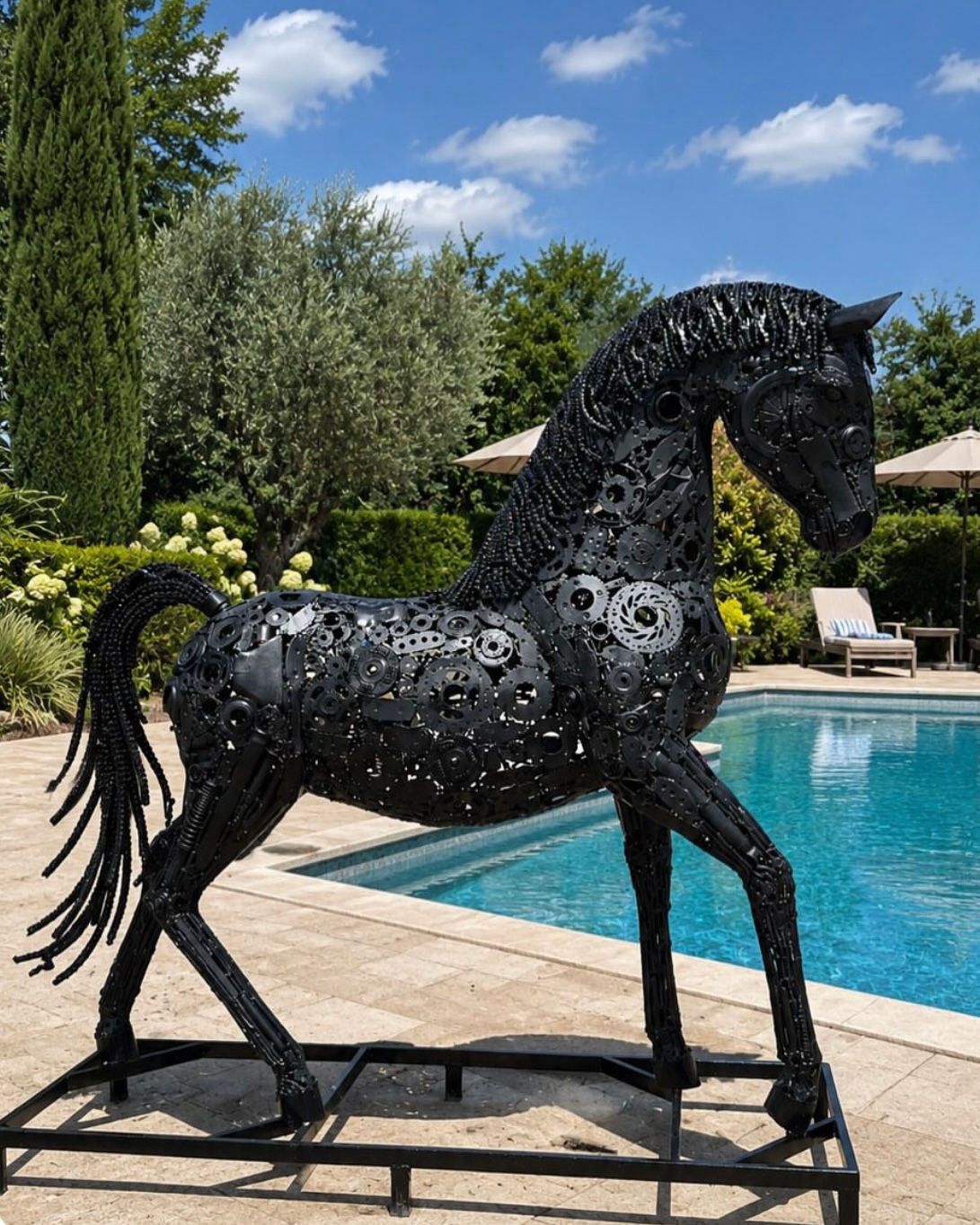 Cheval noir en pièces mécaniques