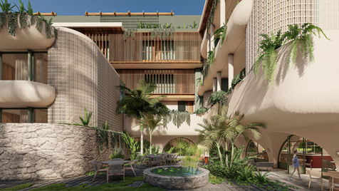 Emplazado en Tulum, este desarrollo vertical de usos mixtos cuenta con una propuesta de paisaje en la cual se buscó integrar el interior y el exterior por medio de terrazas que dan hacia la vialidad promoviendo la interacción social por medio de la vegetación y el uso de especies vegetales atractivas visualmente.