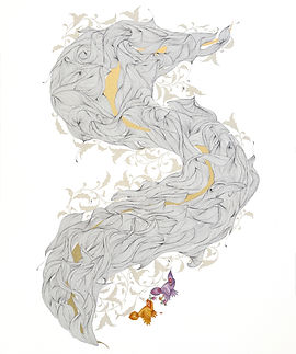 Flowing black linework intertwined with gold and pale floral patterns, accented by two colorful birds.