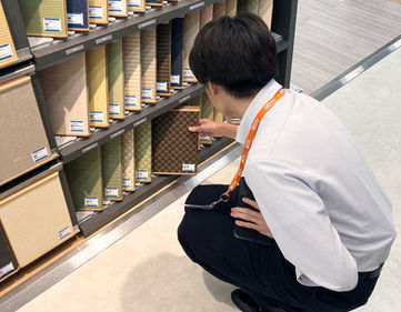畳のサンプルを見比べる新入社員