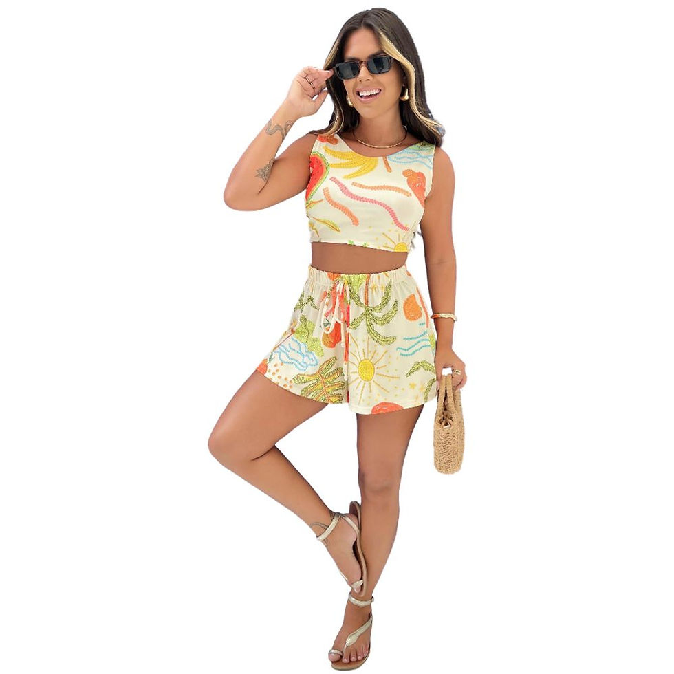 Miniatura: Conjunto Cropped Top + Short Cintura Alta Inspiração Farm Veraneio Tropical