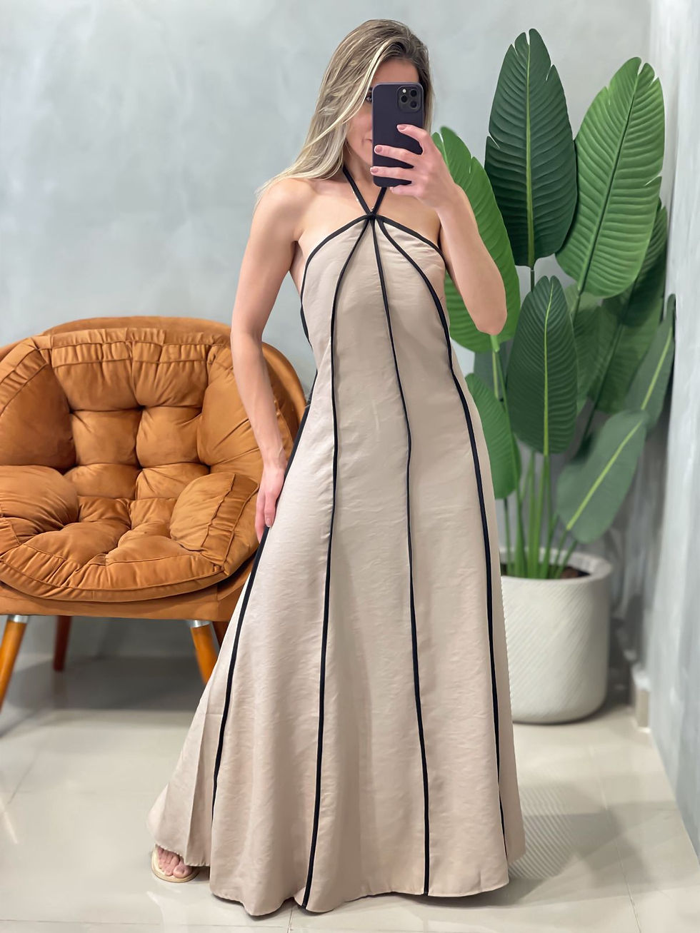Miniatura: Vestido Longo em Crepinho Frente Única com Amarração e Lastex Heloisa Ref. 1618