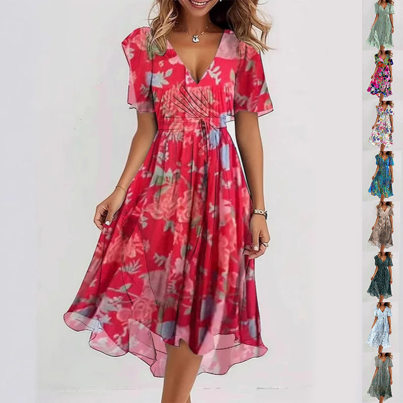 Miniatura: Vestido de verão com estampa floral, decote em V, corte evasê e mangas curtas pa
