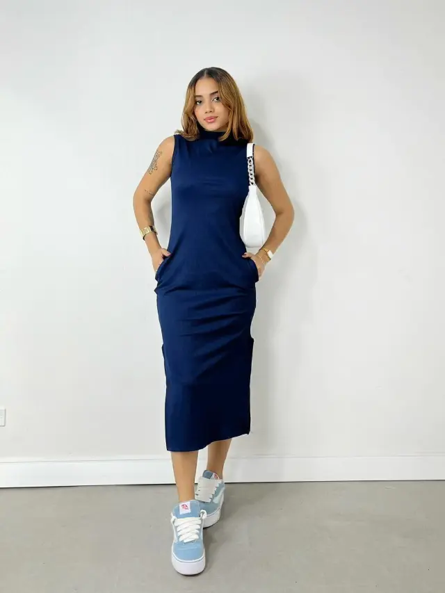 Miniatura: Vestido Feminino Midi em Ribana Regata com Gola Falsa Roberta Ref. 1499