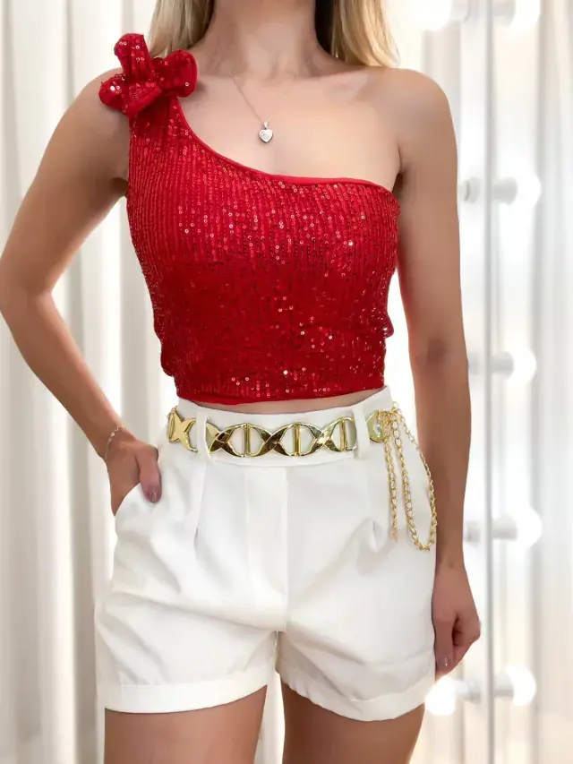 Miniatura: Cropped Feminino em Paetê Ombro Único e Flor Daniela Ref. 1311