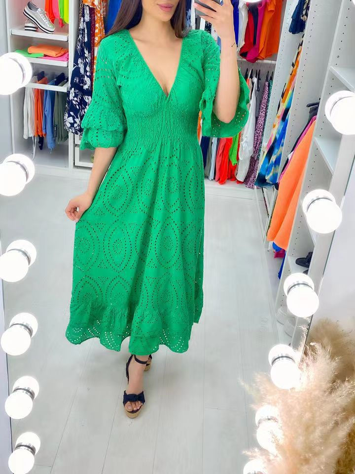 Miniatura: Vestido feminino confortável de cintura alta bordado