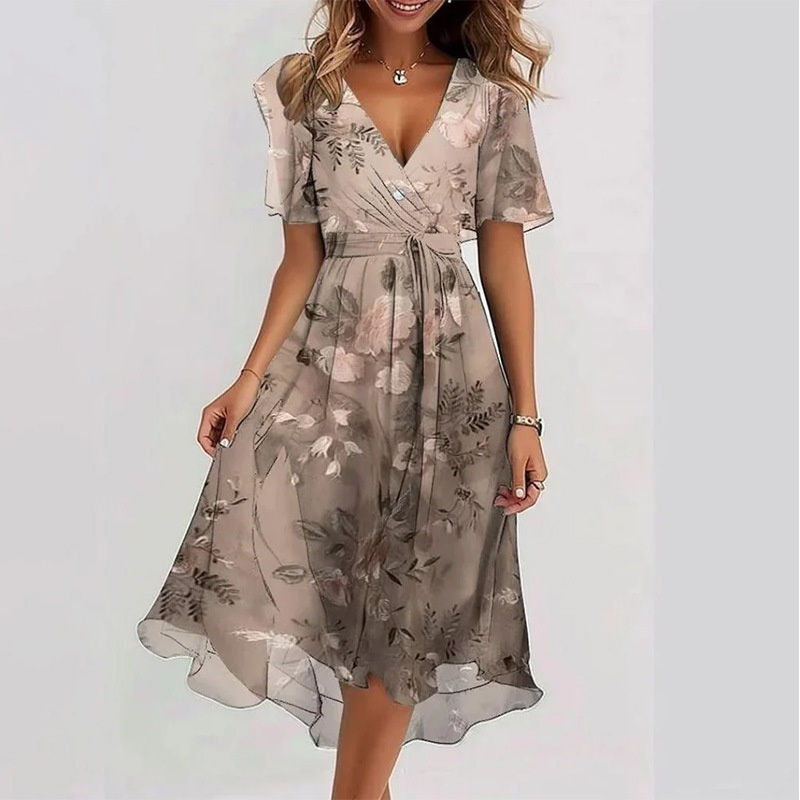 Miniatura: Vestido de verão com estampa floral, decote em V, corte evasê e mangas curtas pa
