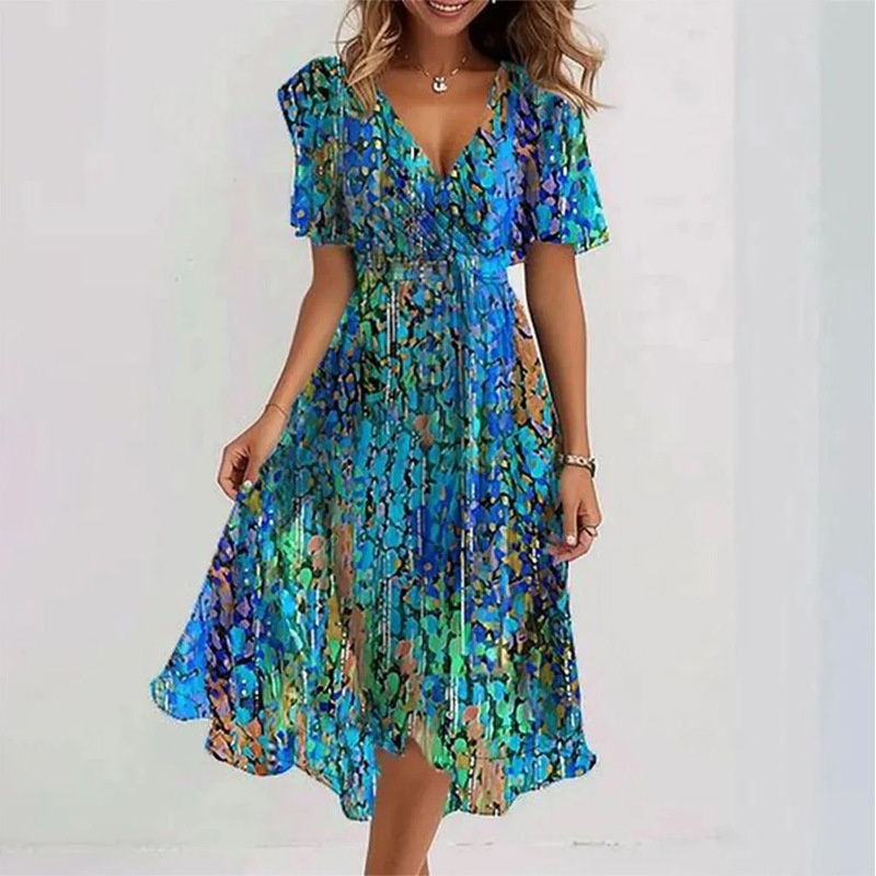 Miniatura: Vestido de verão com estampa floral, decote em V, corte evasê e mangas curtas pa