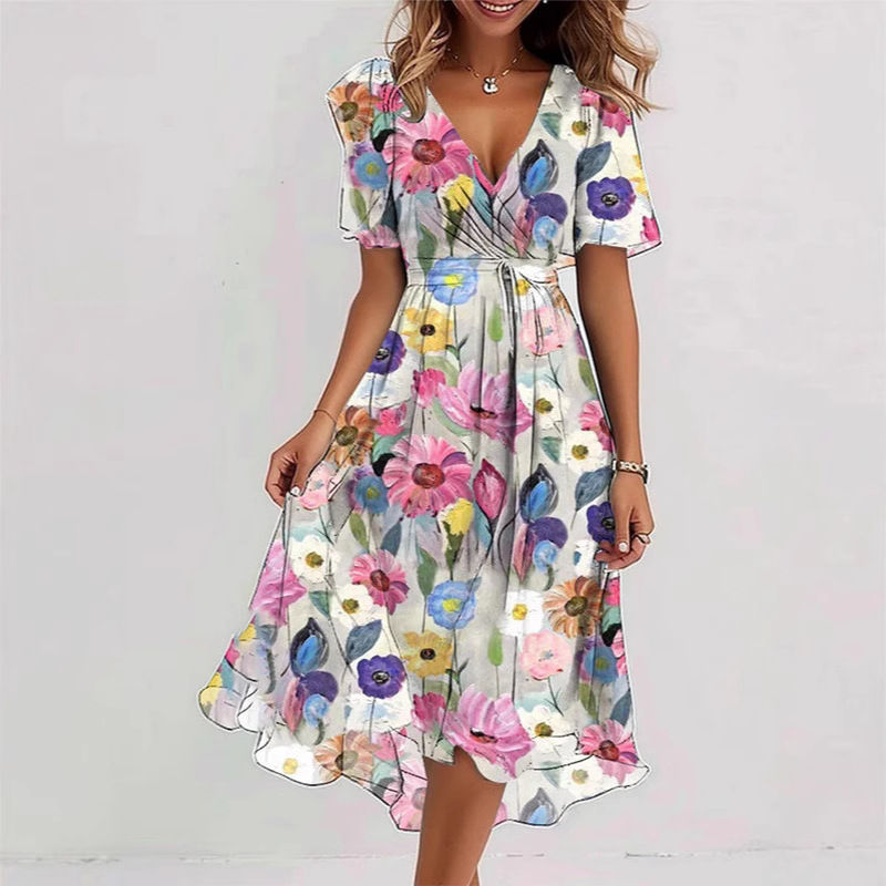Miniatura: Vestido de verão com estampa floral, decote em V, corte evasê e mangas curtas pa