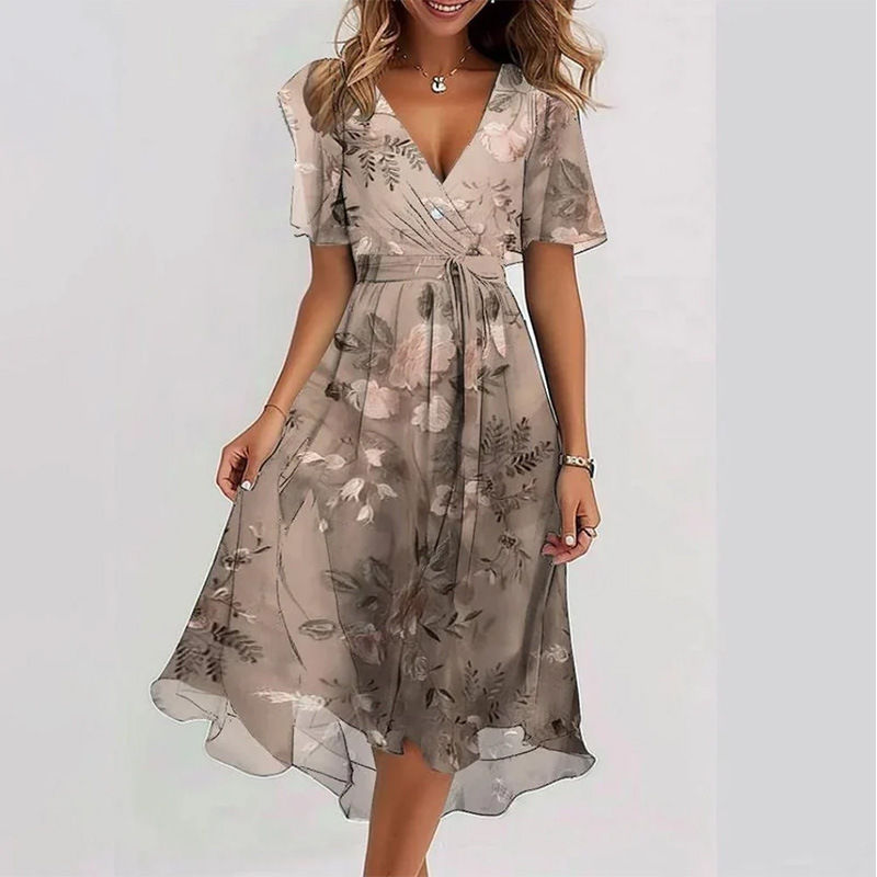 Miniatura: Vestido de verão com estampa floral, decote em V, corte evasê e mangas curtas pa