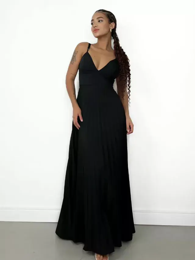 Miniatura: Vestido Feminino Longo em Crepinho Plissado com Amarração Raiane Ref. 1318