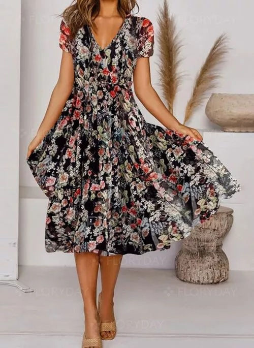 Miniatura: Vestido curto de manga curta com estampa floral decote em V