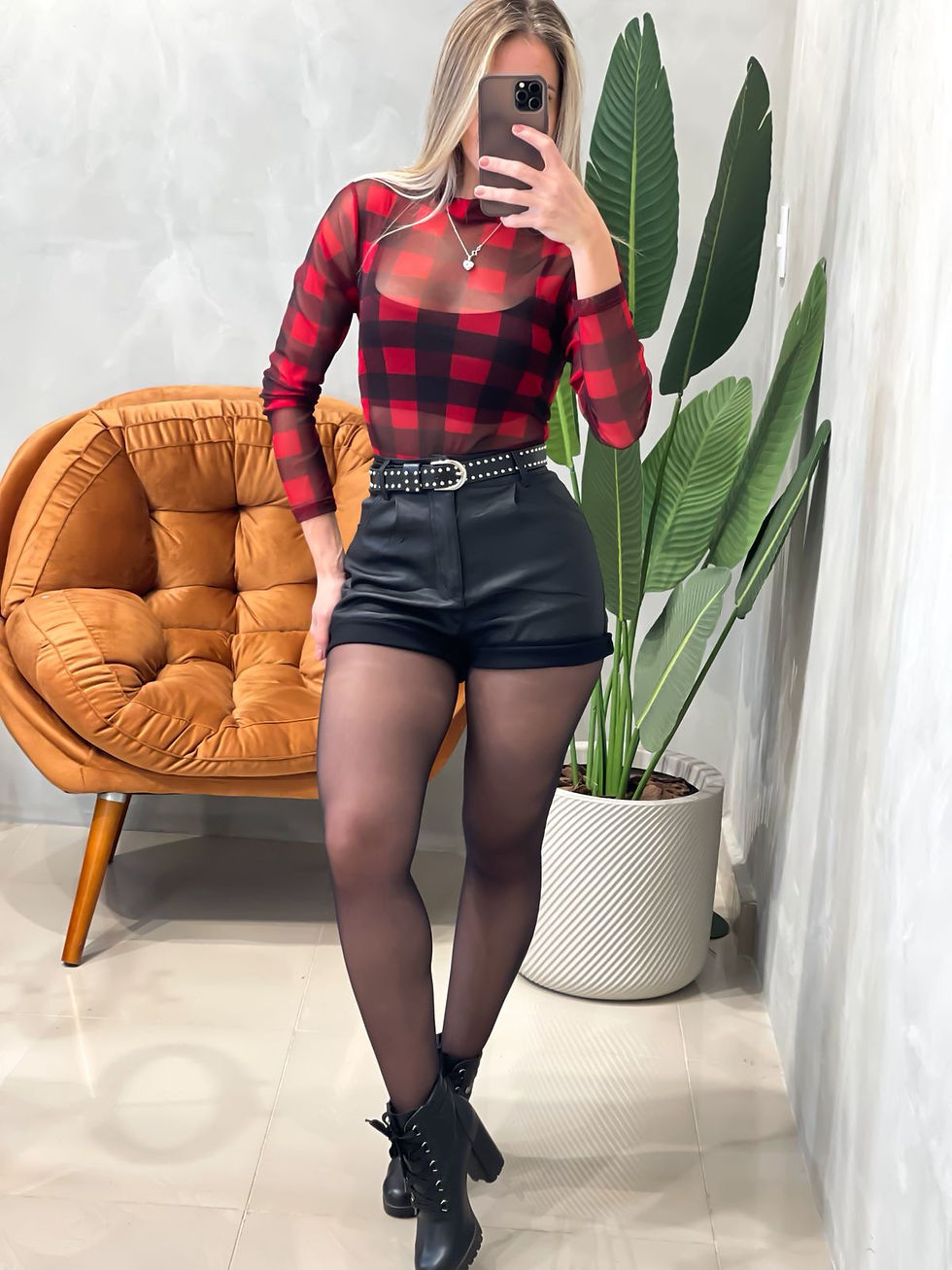 Miniatura: Body em Tule Xadrez Manga Longa com Gola Helen Ref. 1514