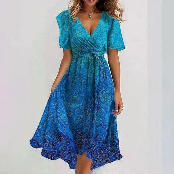 Miniatura: Vestido de verão com estampa floral, decote em V, corte evasê e mangas curtas pa