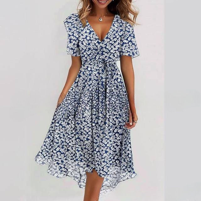 Miniatura: Vestido de verão com estampa floral, decote em V, corte evasê e mangas curtas pa