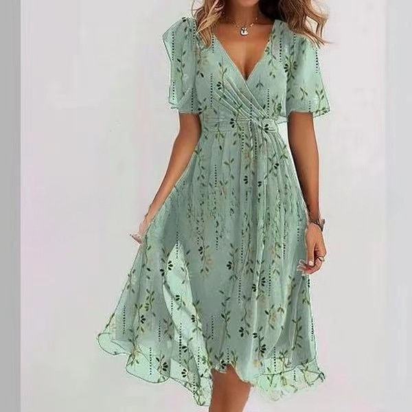 Miniatura: Vestido de verão com estampa floral, decote em V, corte evasê e mangas curtas pa