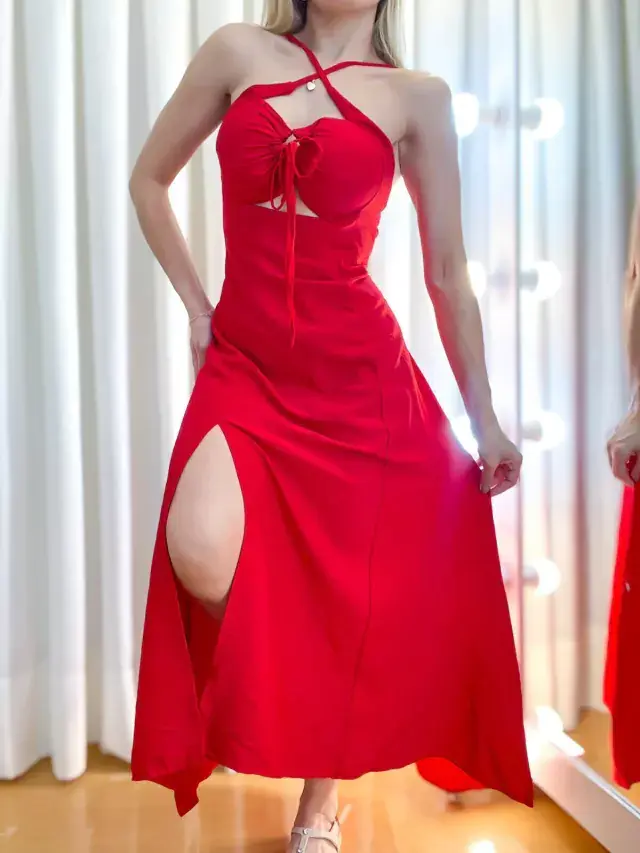 Miniatura: Vestido Feminino Longo em Viscolinho com Amarração Sabrina Ref. 1128