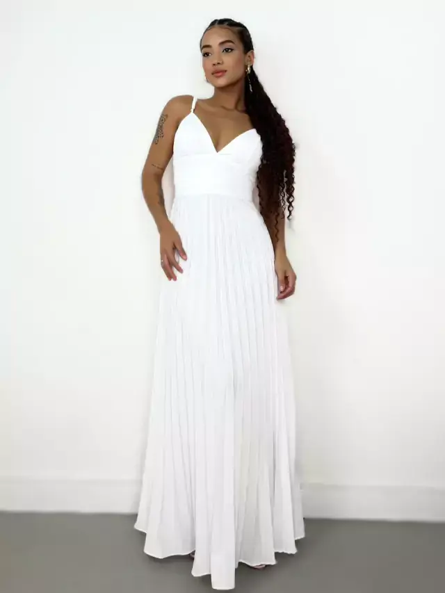Miniatura: Vestido Feminino Longo em Crepinho Plissado com Amarração Raiane Ref. 1318