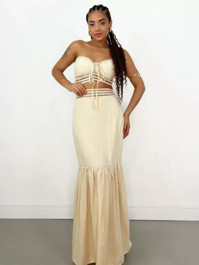 Miniatura: Conjunto Feminino em Viscolinho Saia Longa e Cropped Amarração Flavia Ref. 1294