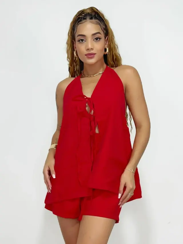 Miniatura: Conjunto Feminino Sensoriale Short e Blusa de Alça e Amarração Clau Ref. 1284