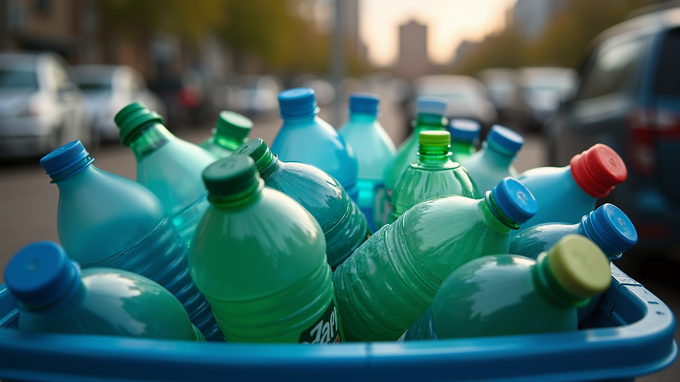Eye-level view of a recycling bin filled with plastic bottles