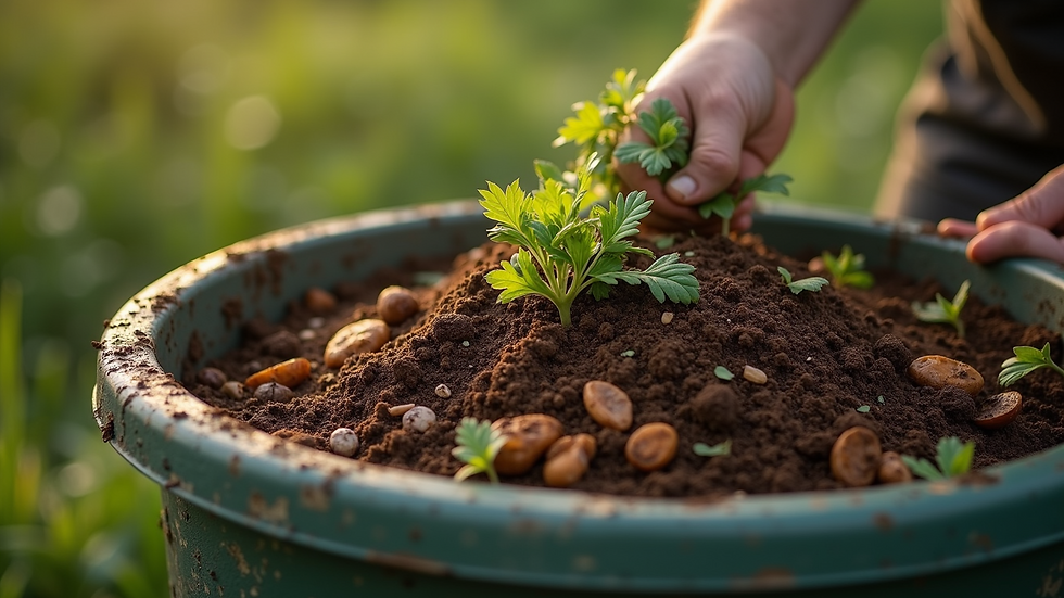 Close-up view of compost ingredients in a bin