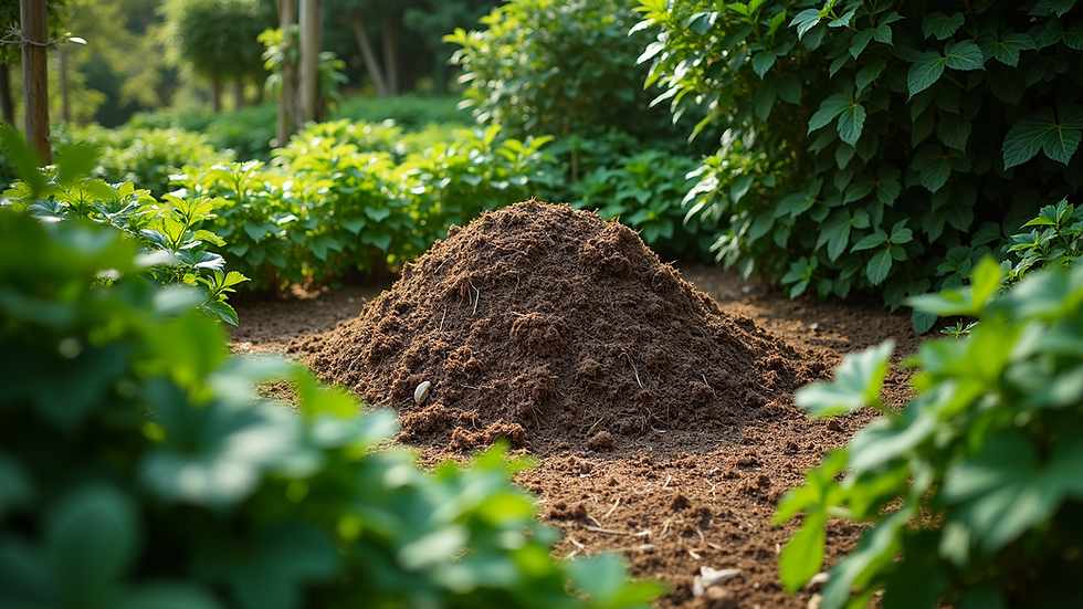 High angle view of a lush green garden with a compost pile