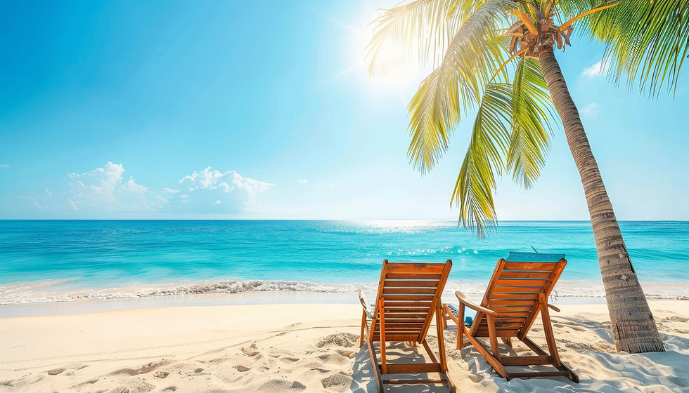 Beach Beds Tanning: Relax. Unwind. Glow text on a Beach scene background with a leaning palm tree over two wooden sunbeds in front of the ocean