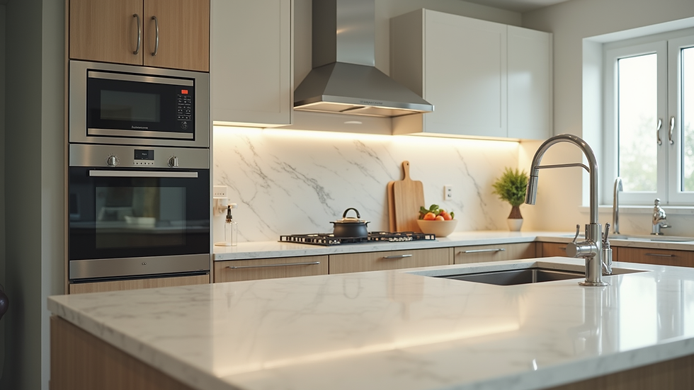 Eye-level view of a beautifully renovated kitchen with modern appliances
