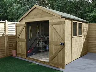 Wooden shed with open doors revealing garden tools and a lawnmower inside. Surrounded by a wooden fence, grass, and trees in the background.