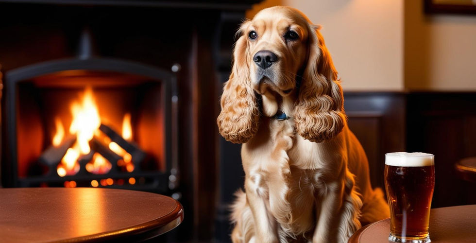A dog with a pint of beer in front of a fire