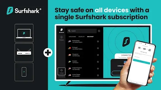 Surfshark ad showing devices with app interfaces on a TV, phone, and icons. Text: "Stay safe on all devices with a single Surfshark subscription." Teal background.