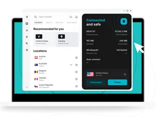 Surfshark ad showing devices with app interfaces on a TV, phone, and icons. Text: "Stay safe on all devices with a single Surfshark subscription." Teal background.