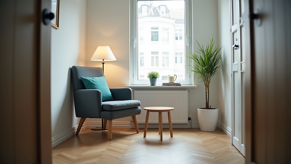 Eye-level view of a psychologist’s office with a comfortable chair and a small table
