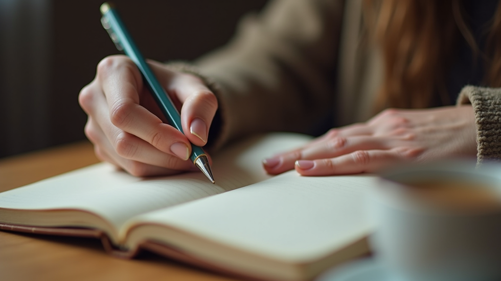 Close-up view of a person writing in a journal with a cup of tea nearby