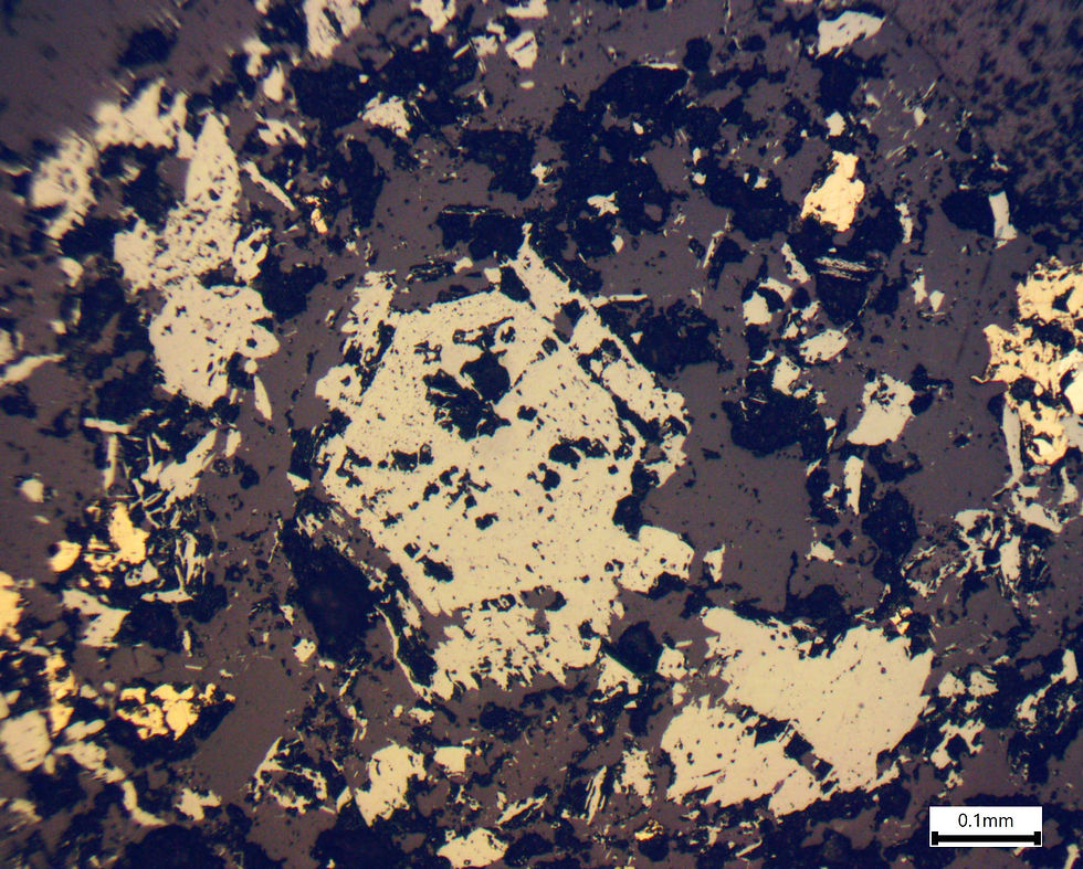Reflected light photomicrograph of hematite with minor chalcopyrite. This mineral can be dated using U-Pb geochronology.