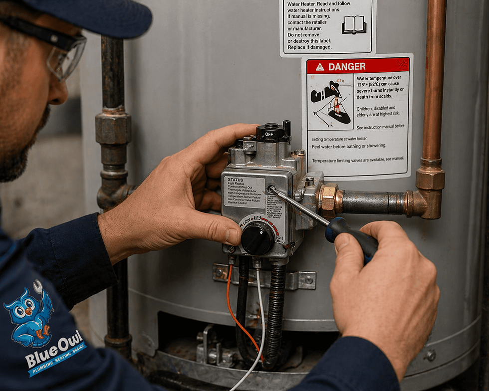 A close-up view of a technician adjusting the gas valve on a water heater, ensuring proper alignment and function