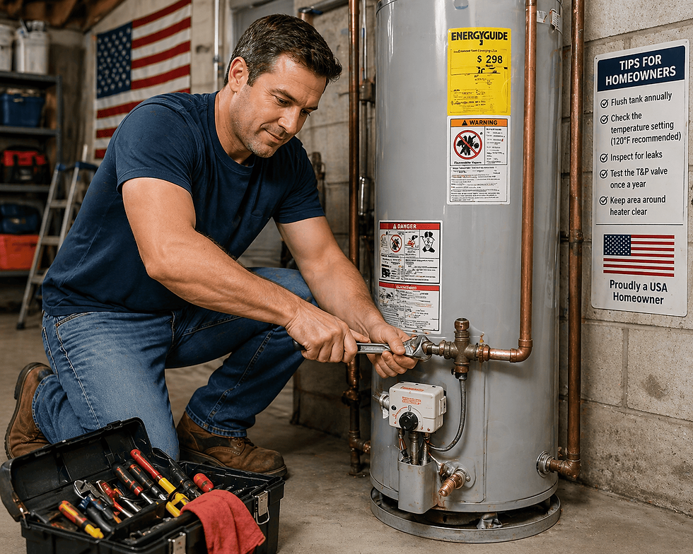A homeowner confidently using a wrench to fix a minor issue on a water heater, with a toolbox nearby