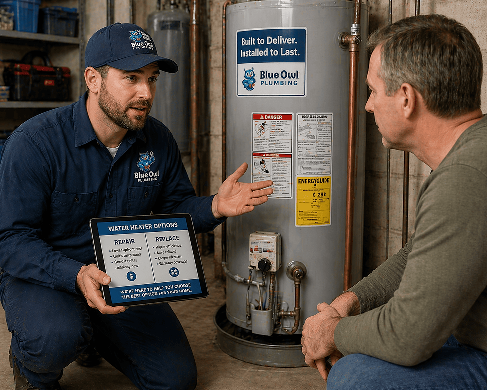 A professional plumber inspecting a water heater with a customer, discussing potential repair or replacement options