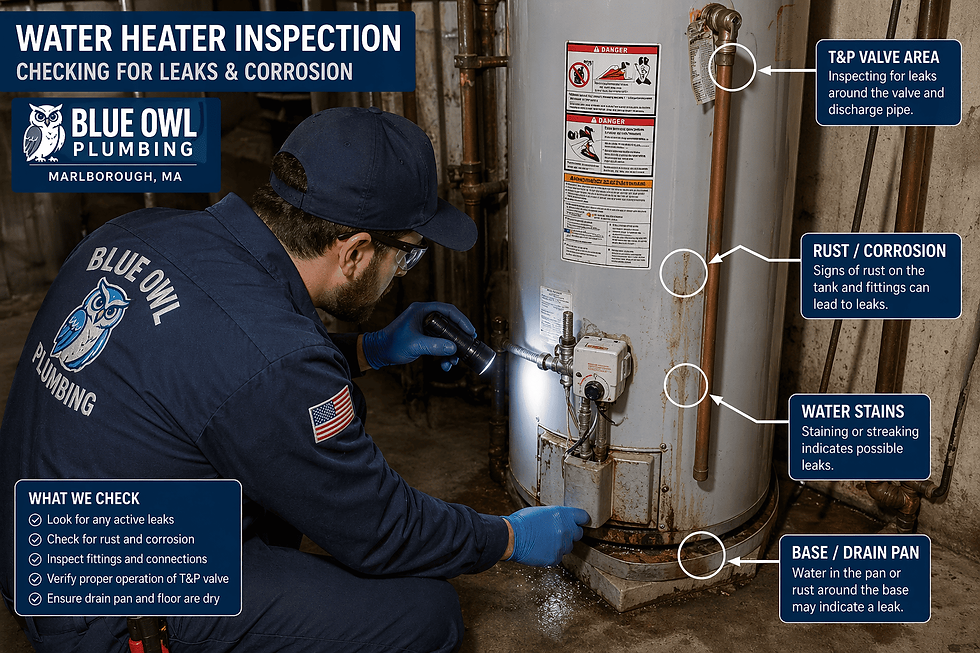 A technician examining a water heater for leaks and corrosion, highlighting problem areas with a flashlight