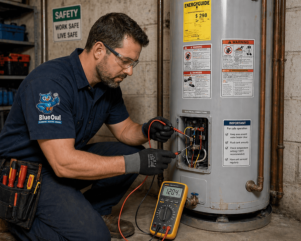 An electrician using a multimeter to check the electrical connections on a water heater, ensuring safe operation