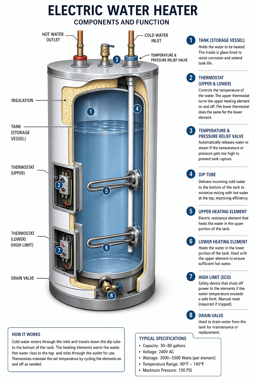 A detailed diagram of a hot water heater with labeled components such as the tank, thermostat, and heating element