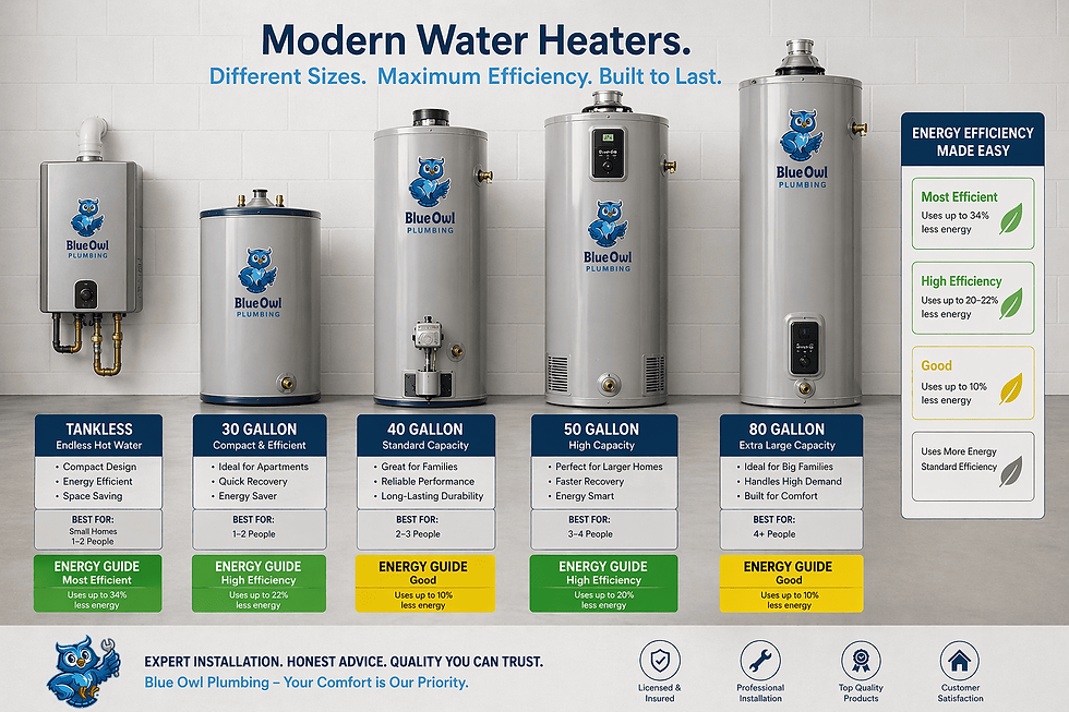 A display of different modern water heater tanks, showcasing various sizes and energy efficiency ratings