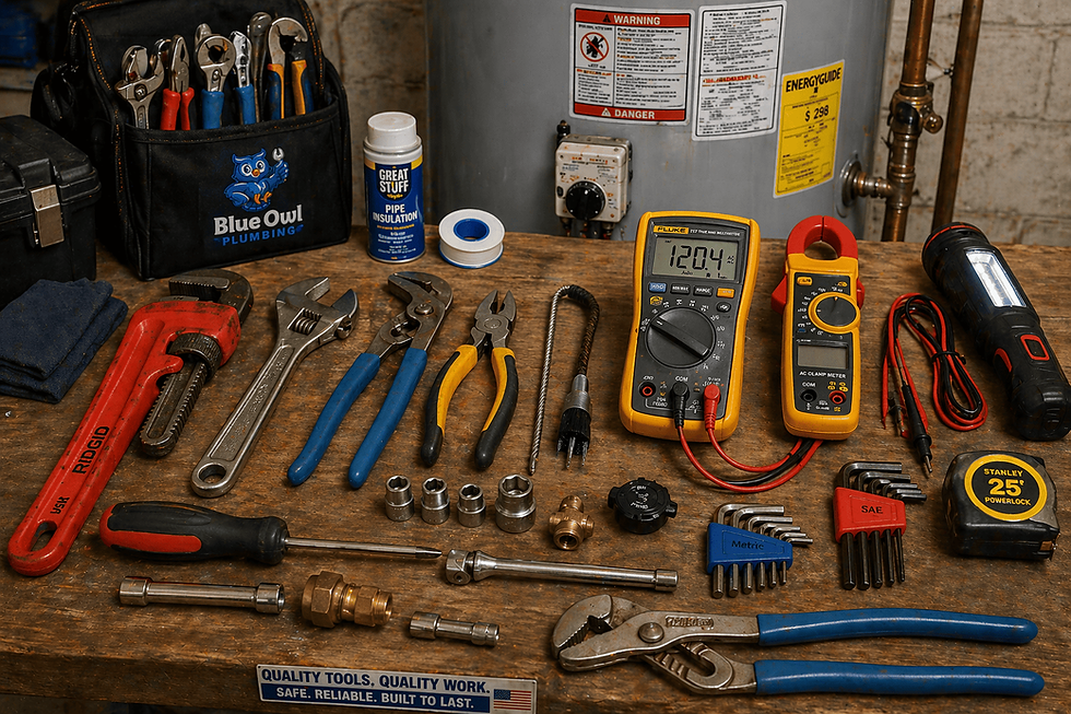 A variety of essential tools for water heater repair, including a wrench, pliers, and a multimeter, neatly arranged on a workbench
